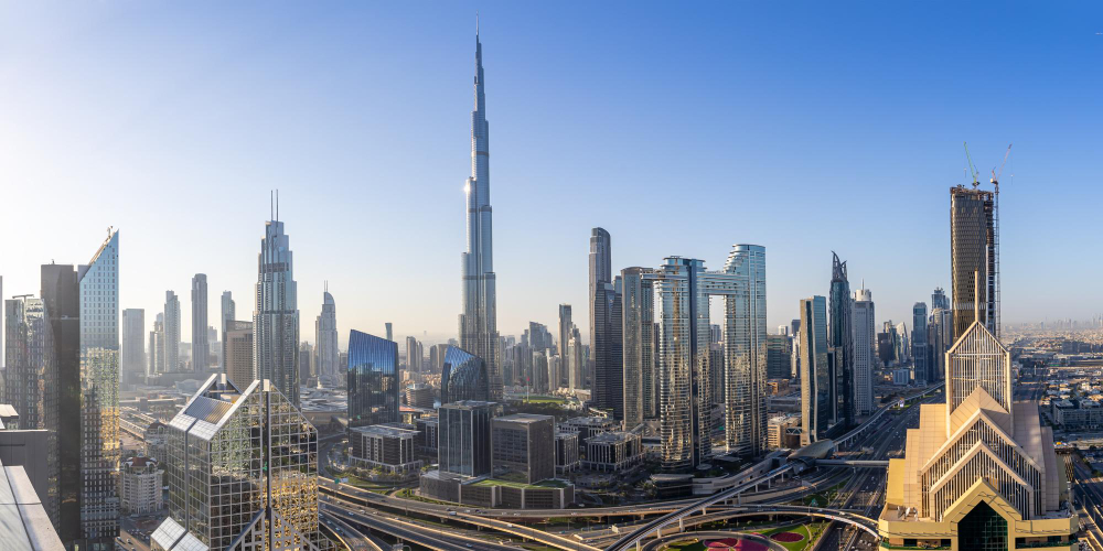 Modern Dubai skyline with Burj Khalifa at night