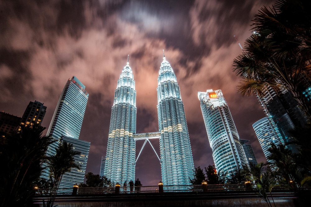Malaysia in September Petronas Twin Towers in Kuala Lumpur with blue sky