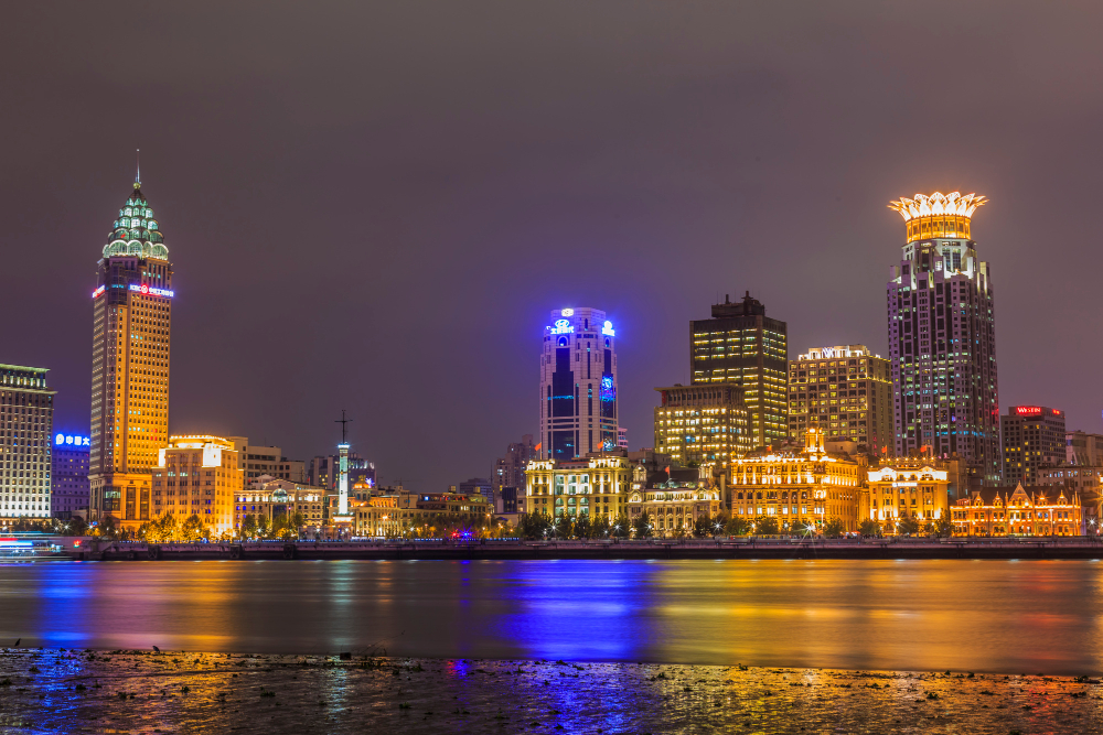Baku, the modern capital Baku skyline at night with illuminated Flame Towers