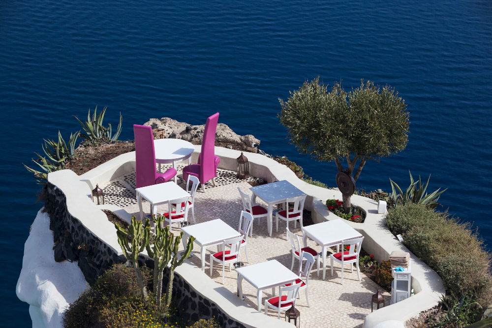 Greek islands in August White buildings and blue sea on a Greek island