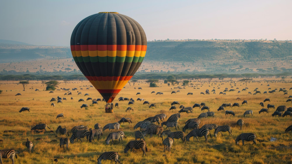 Hot air balloon over Maasai Mara grassland at sunrise, Kenya