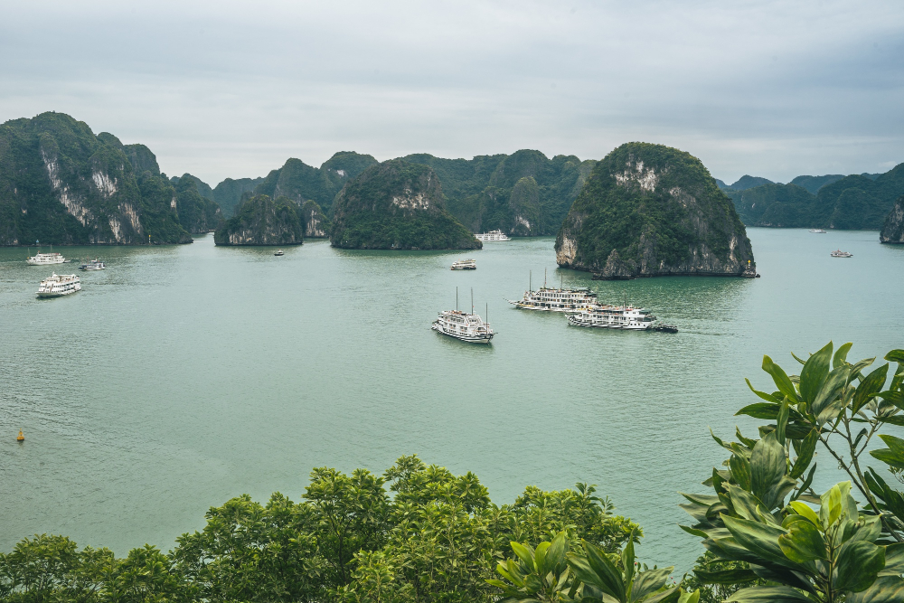 Emerald waters and limestone karsts in Ha Long Bay, Vietnam