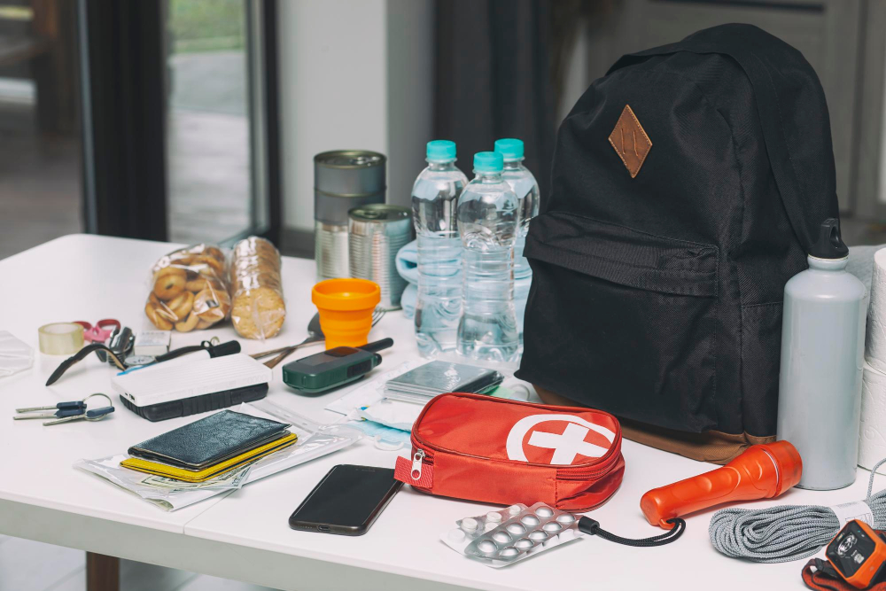 Traveler with backpack and phone, emergency numbers note, crossbody bag