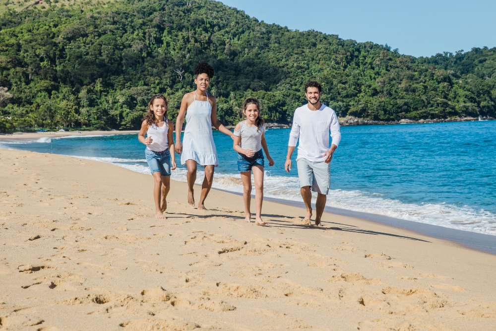 Crete family vacation Family enjoying calm bay on Crete island
