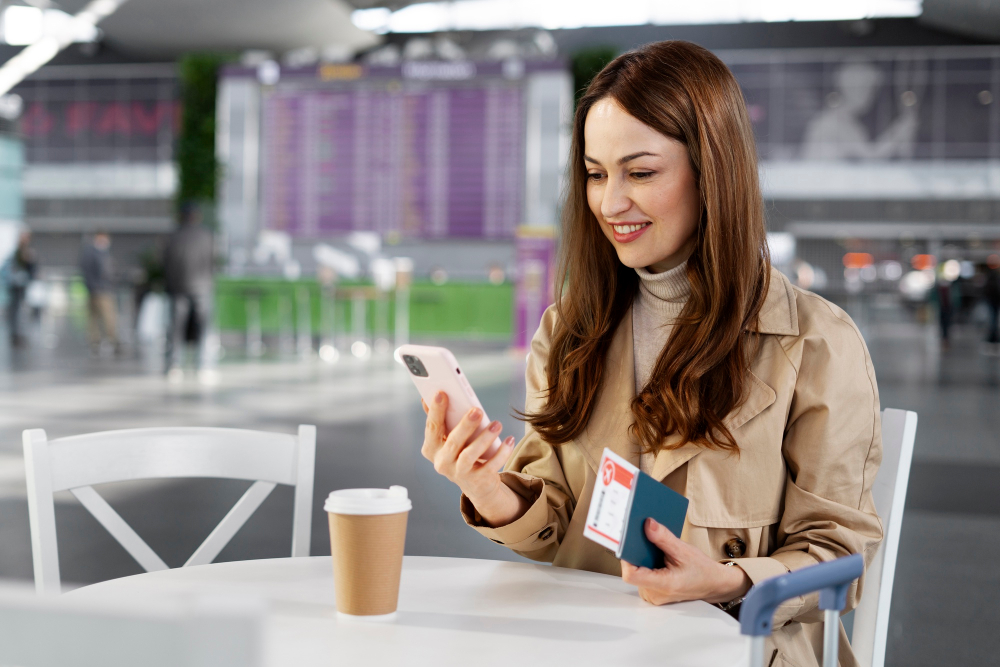 Smartphone with map, local currency, and travel adapter