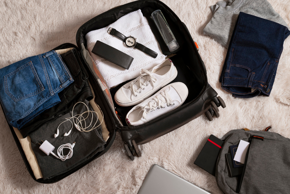 Open suitcase with neatly packed clothes, toiletries, and travel documents