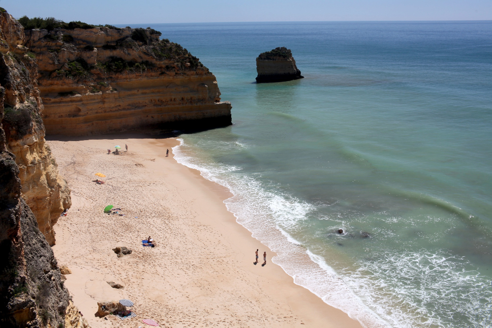 Algarve beach in August Scenic boardwalk and sandy beach in Portugal's Algarve region