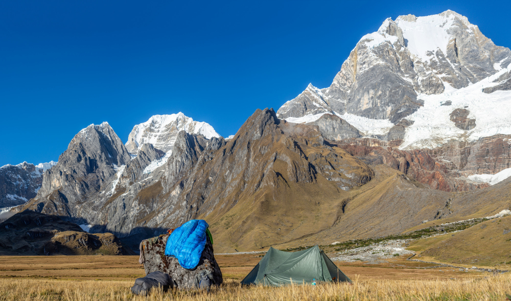 Himalayan mountain view with prayer flags and clear sky