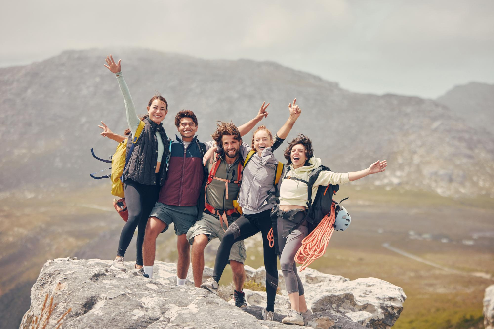 Group of friends hiking in mountains