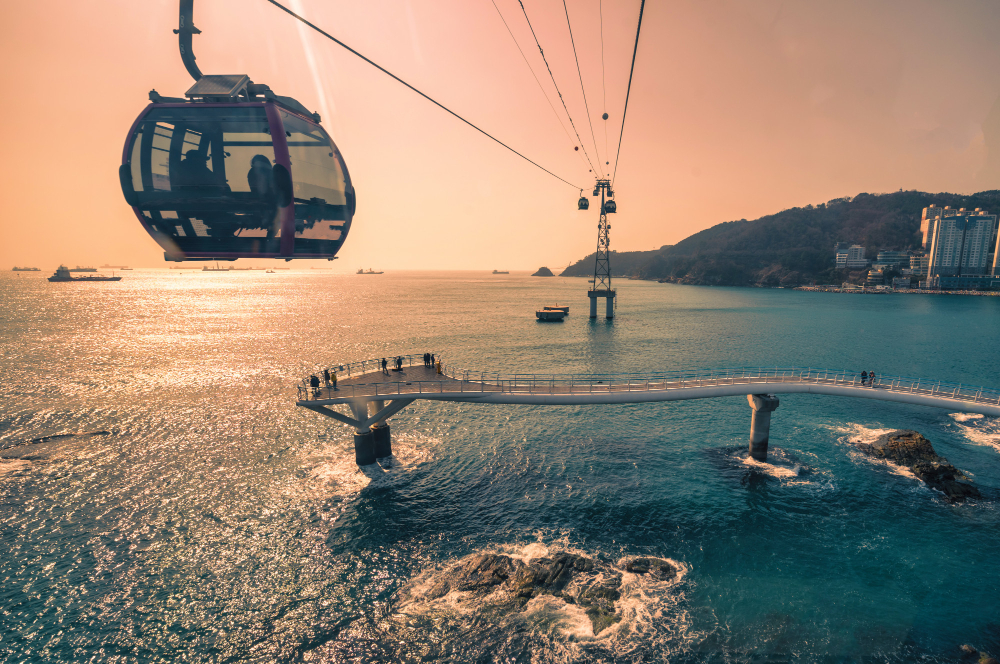 Batumi seafront cable car and Black Sea coast at sunset, Adjara, Georgia