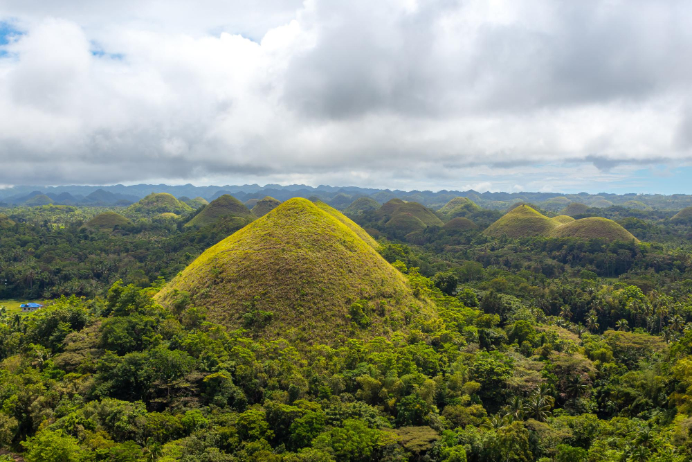 Chocolate Hills Bohol at sunset, limestone mounds extending to horizon