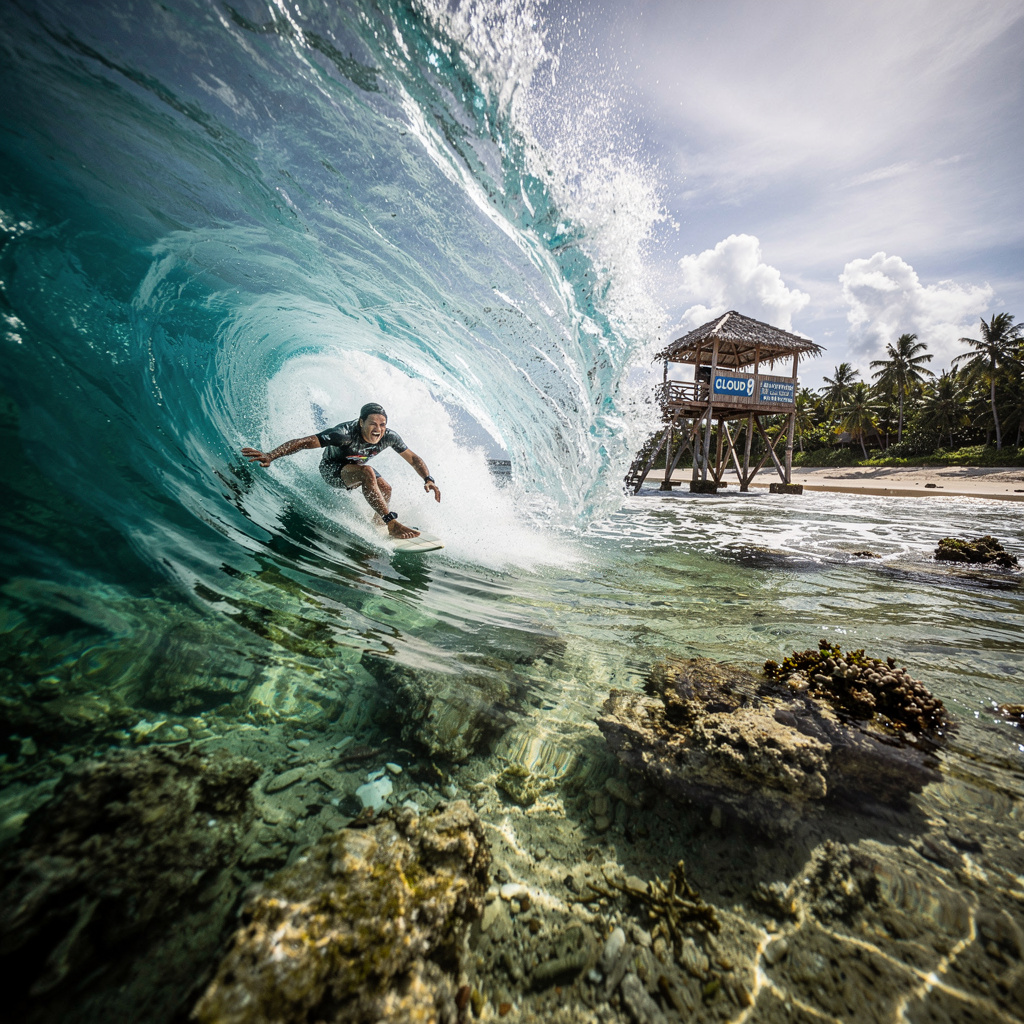 Advanced surfer deep inside the barrel at Cloud 9, Siargao, shallow reef visible beneath turquoise water, viewing tower visible in background