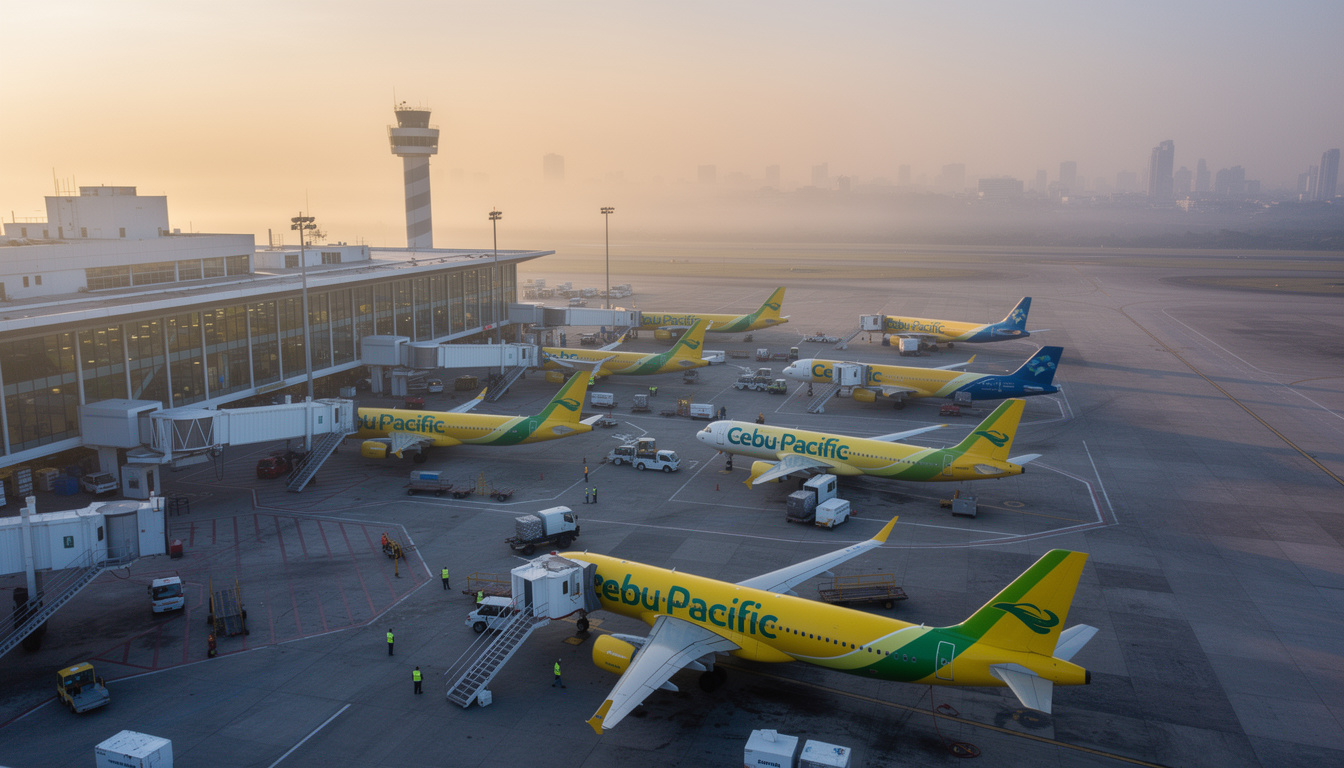 Aerial view of the Manila NAIA domestic terminal apron with Cebu Pacific aircraft, early morning departure light, showing domestic flight scale