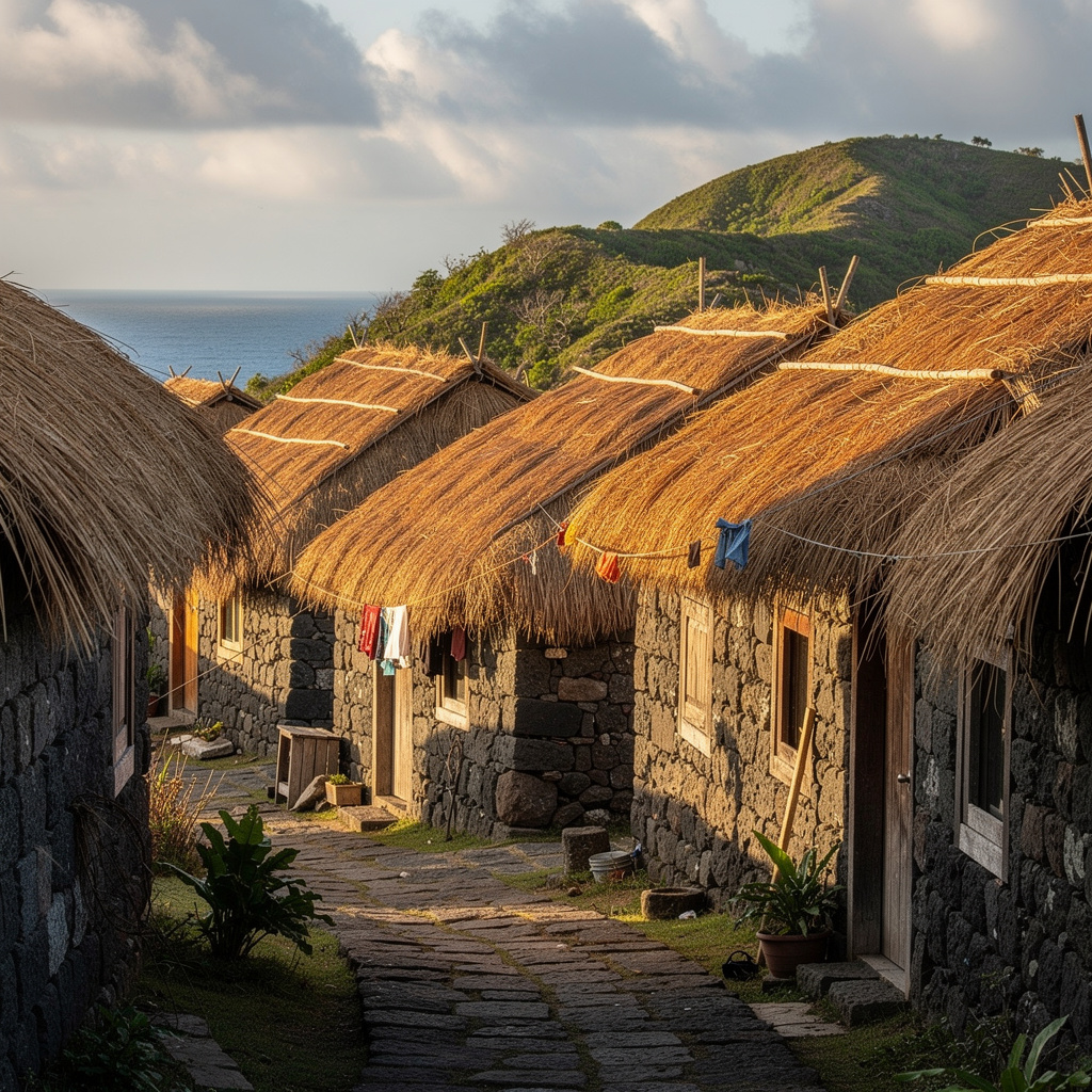 Chavayan village Sabtang Island, rows of traditional Ivatan stone houses with thick cogon roofs, Batanes, Philippines, low afternoon light