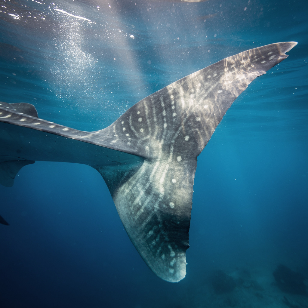Close-up of whale shark tail fin in blue water, Donsol