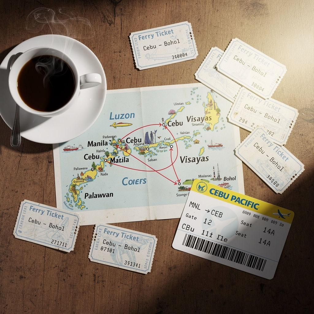 Philippines trip planning flat lay with itinerary map, ferry ticket stubs, a domestic boarding pass from Cebu Pacific, and a coffee cup on a table