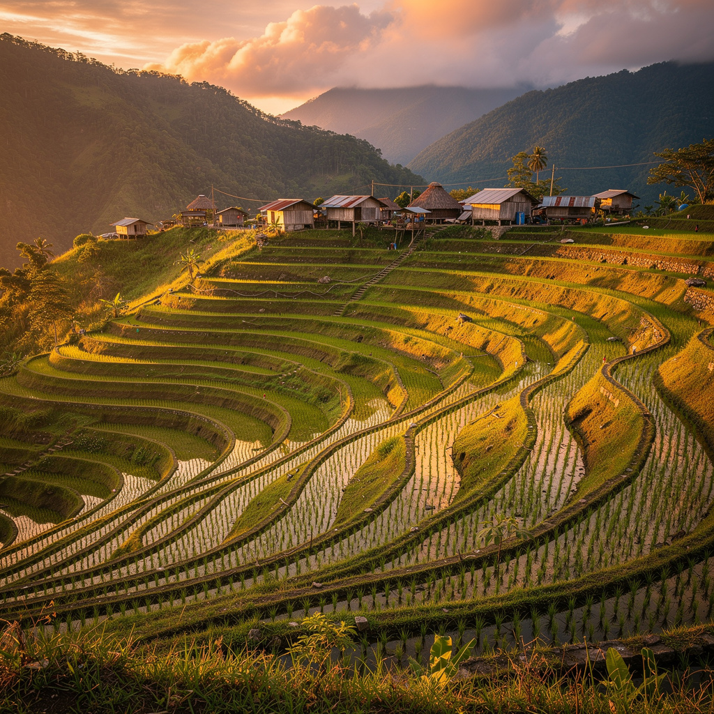 Wide-angle view of Batad rice terraces at golden hour, stone walls and water channels catching the last light, village roof visible at the ridge